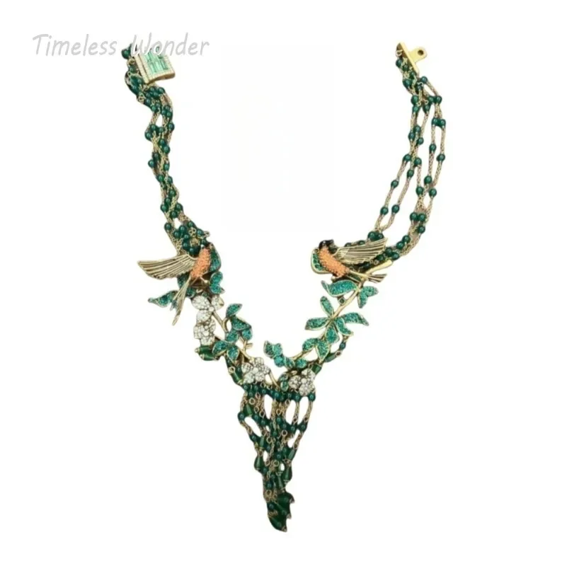 Timeless Wonder Fancy Zircon Bird Floral Beaded Necklaces for Women Designer Jewelry Runway Rare Top Trendy Hand Made Gift 3662