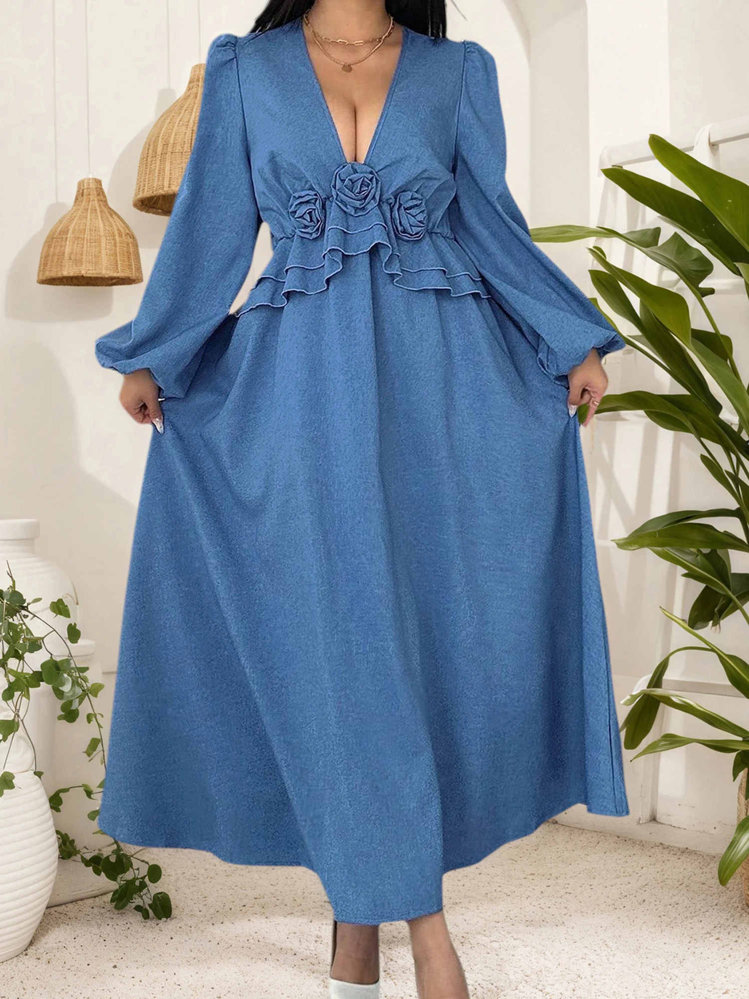 

Elegant Floral Print V Neck Long Sleeve Maxi Dress for Women Flowy Loose Fit Casual Dress for Everyday Wear