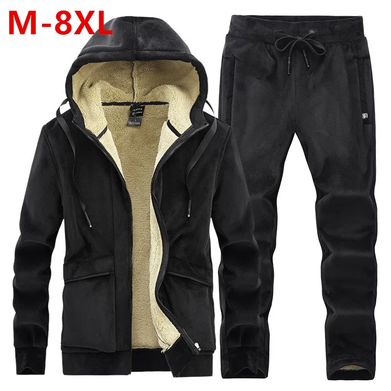 Cashmere Mens Fleece Warm Tracksuit Male Winter Warm Hooded Fashion Sets Mens Hoodies + Pants Sportswear Sets WinterThick Set