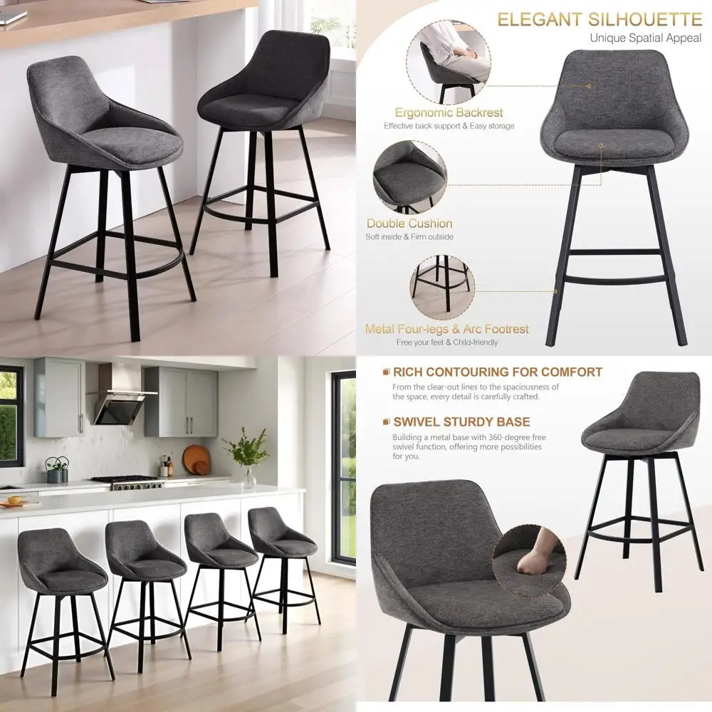 طقم كراسي بار دوارة حديثة مكونة من 2، كراسي بارتفاع منضدة مع ظهر من الكتان المنجد، ارتفاع 26 بوصة #1