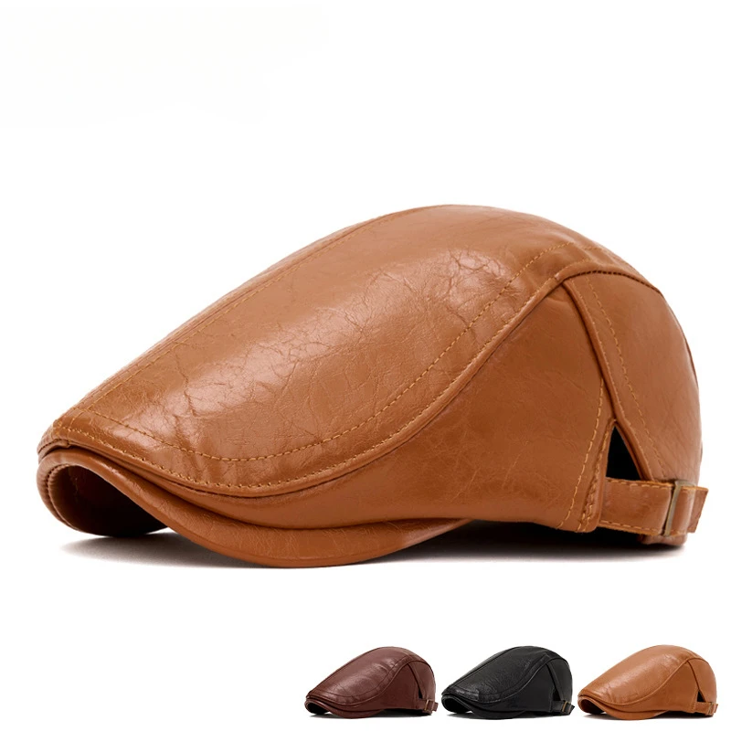 

Autumn Winter American Style Leather Forward Cap Men's British Retro Newsboy Hat Warm Painter Beret Adjustable Women's Flat Cap