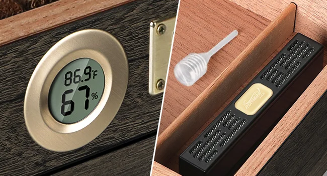 Zigarre-Humidor, Glas-Desktop-Box mit digitalem Thermo-Hygrometer, Luftbefeuchter, Trennwand, Zubehör, Schublade und Zahlenschloss – Detail 3