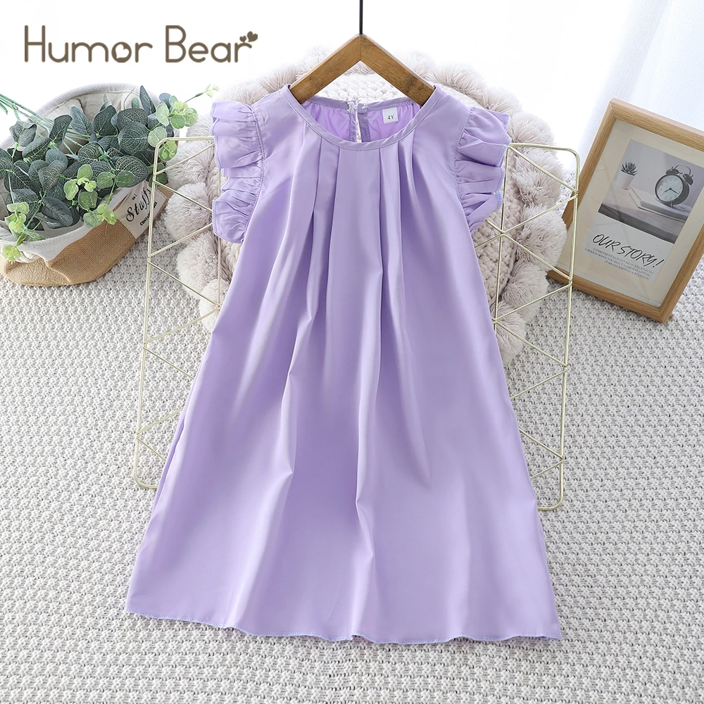 Humor Bear Kids Clothing Round Neck Pleated Fly Sleeve Casual Loose Purple Dress Girls Dress For 3-7Y