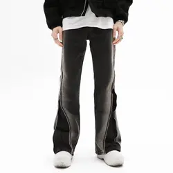 High street hip-hop Gradual change Jeans Zipper slit flared trousers design Straight leg Pants casual men and women jeans 5023