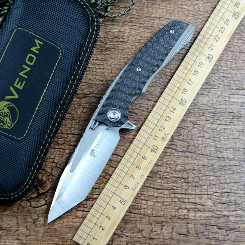 Venom Hunting Knife S30V Tanto Blade Carbon Fiber Titanium Handle Folding Pocket Knives Kevin John with Sheath