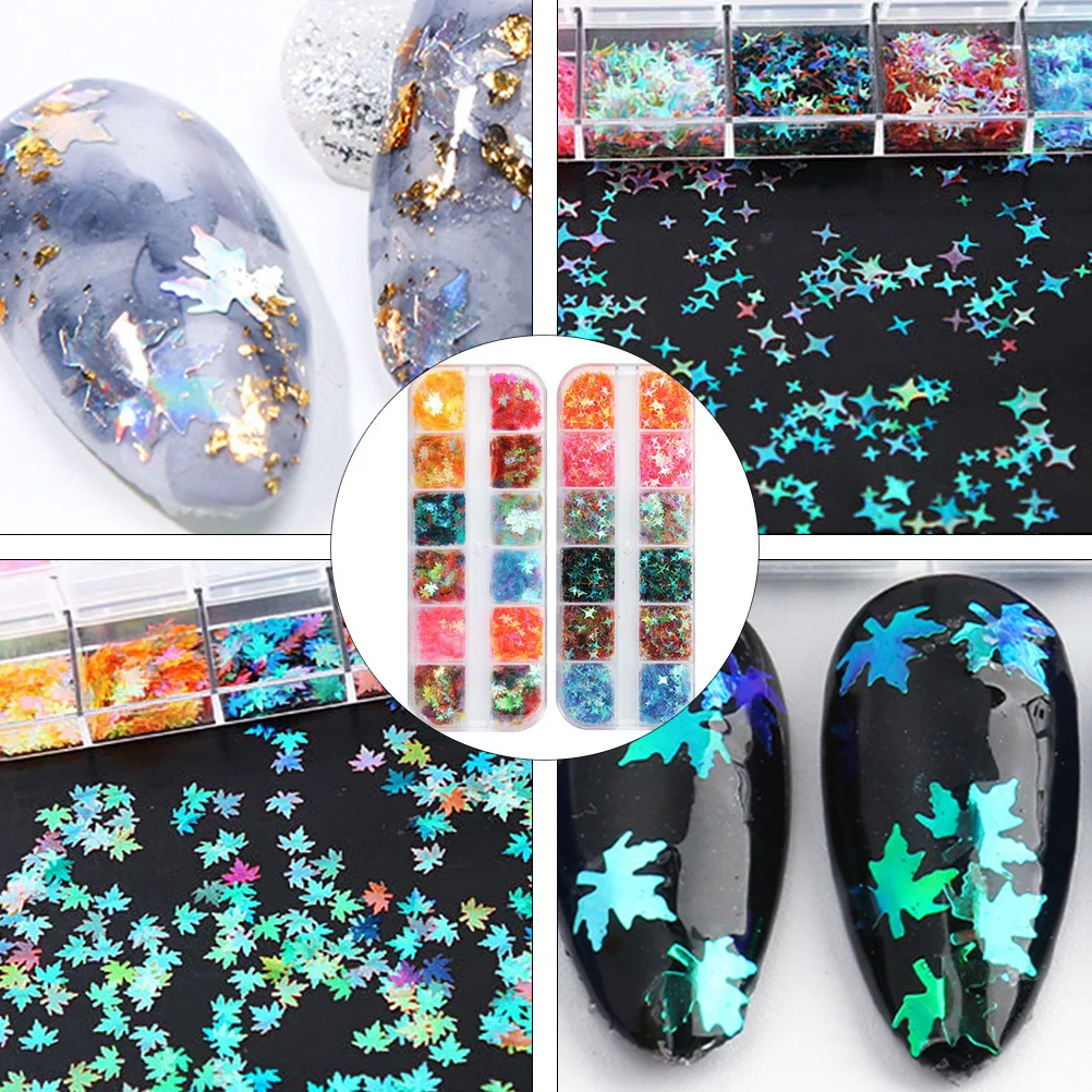 2 ボックスグリッターネイルパイレットメープルリーフデザインプロの初心者向けマニキュア装飾ジュエリーカードミラー DIY アクセサリー