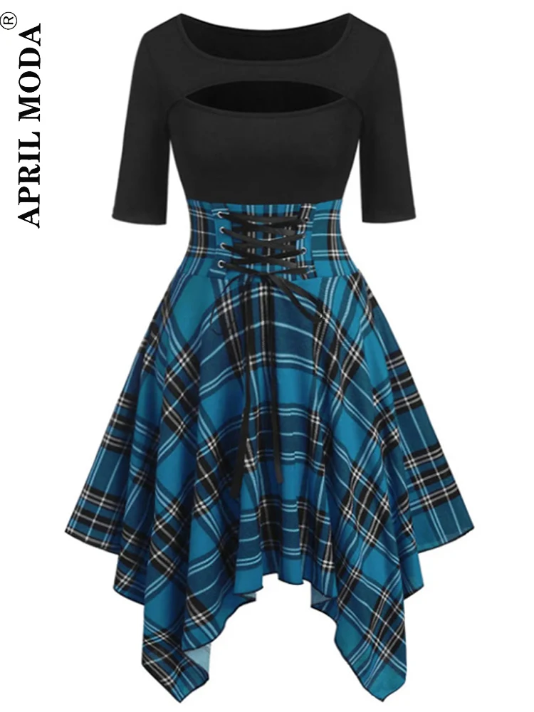 lace up plaid asymmetrical dress Girls' Skirts Sashes Sexy Round Collar Dresses Women Casual O-Neck Lace Up  Plaid Asymmetrical Dress A-Line Dress-Green_XXXL at Amazon Women's Clothing  store