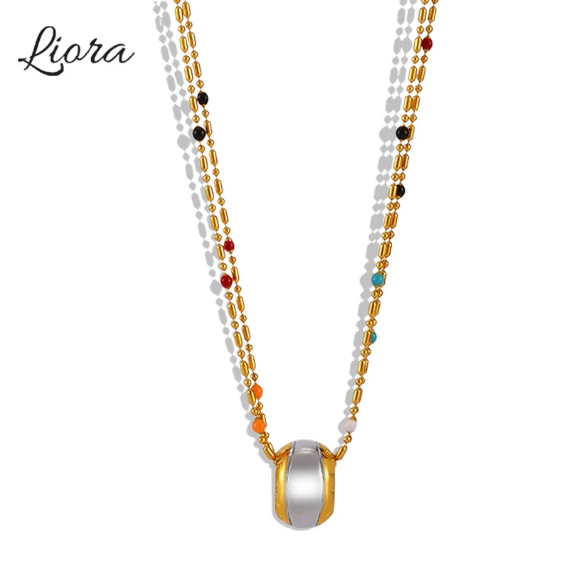 Liora Stainless Steel Multi-color Enamel Engrave LOVE Round Necklace For Women Balls Chain Waterproof Daily Fashion Charm Choker