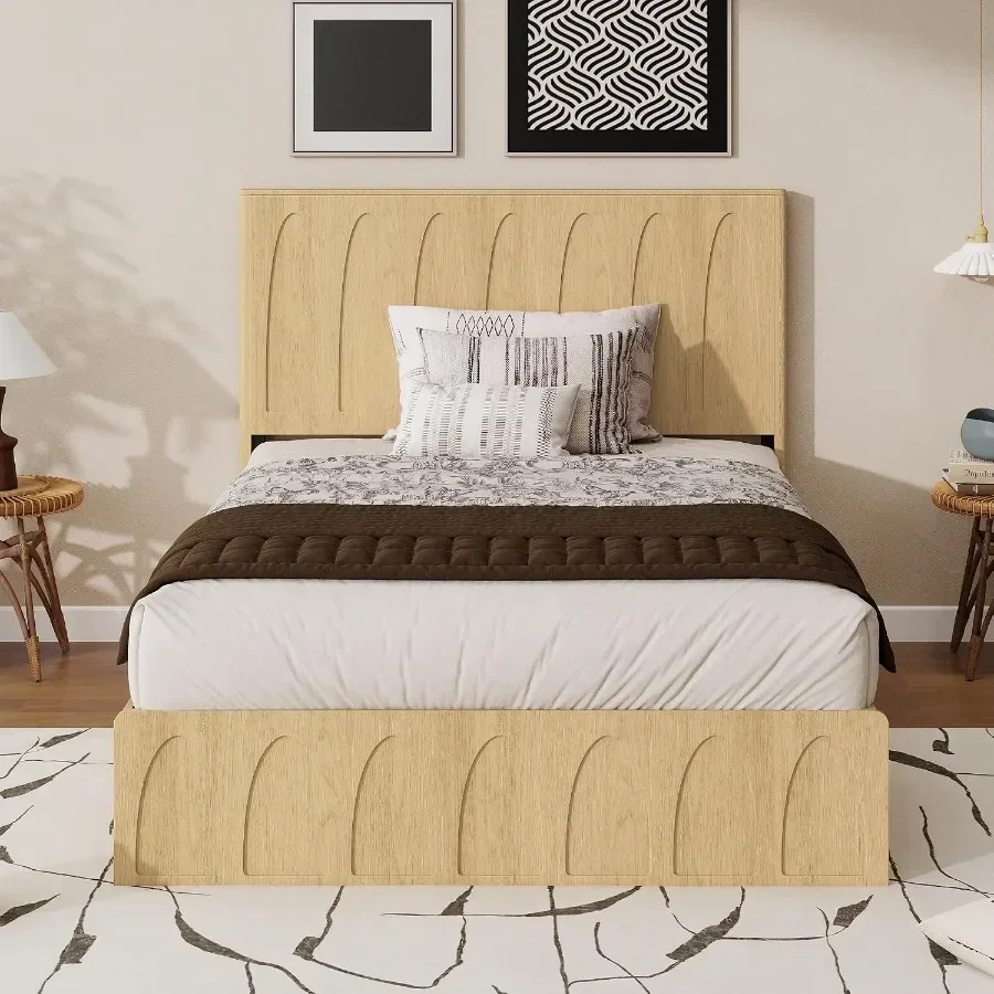 Queen Size Wood Platform Bed Frame with Side Storage Drawers, Curved Headboard Wood Slat Support, No Box Spring Needed, Minimal - view 3