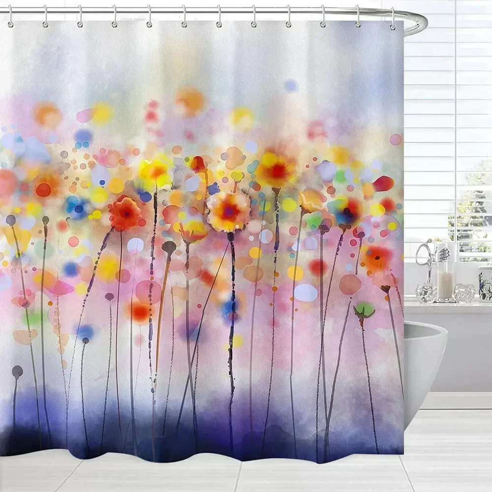 Flower Shower Curtain Girls Bathroom Watercolor Colorful Blurry Floral Pink Yellow Abstract Bathroom Accessoreis With Hooks Set