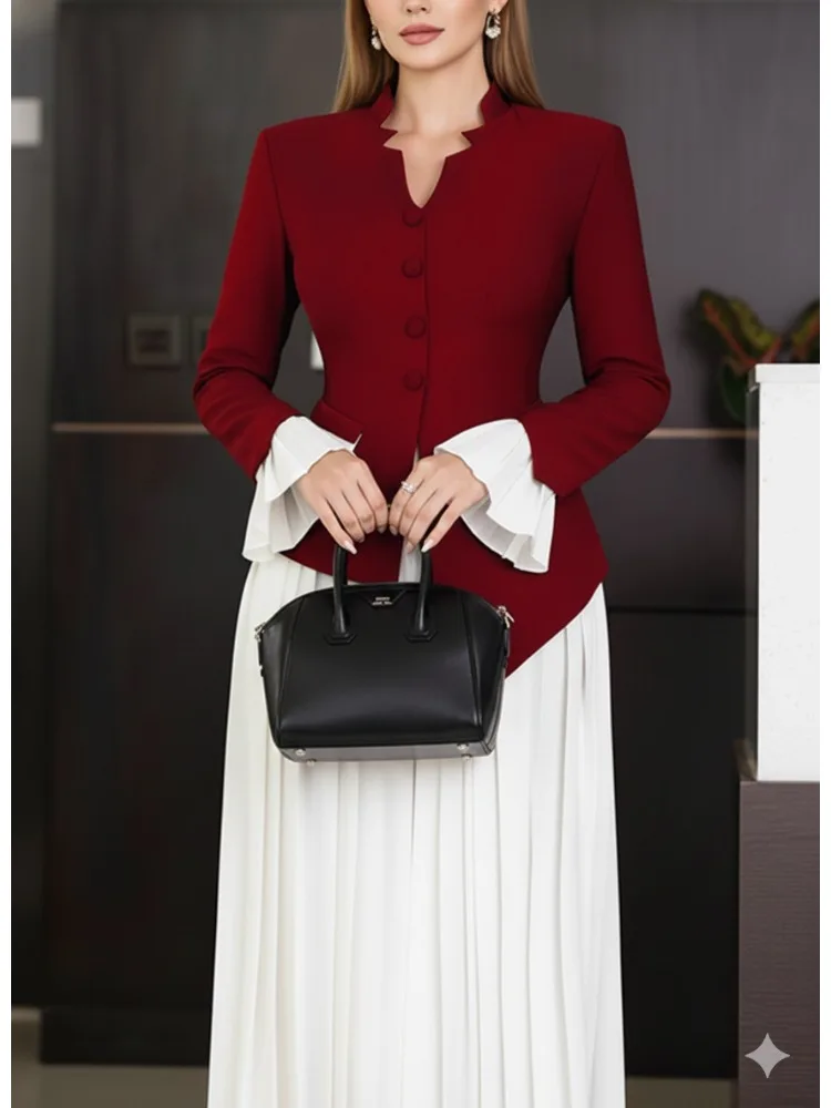 Elegancka damska marynarka Freeacy w stylu retro z kołnierzem mandaryńskim, jednorzędowa, asymetryczna, z kontrastowym podkreśleniem talii, idealna do biura.