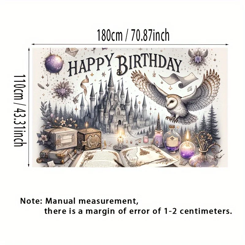 Hintergrundbanner „Magic Castle and Owl Happy Birthday“ – Partydekorationen mit Fantasy-Motiv – Detail 5