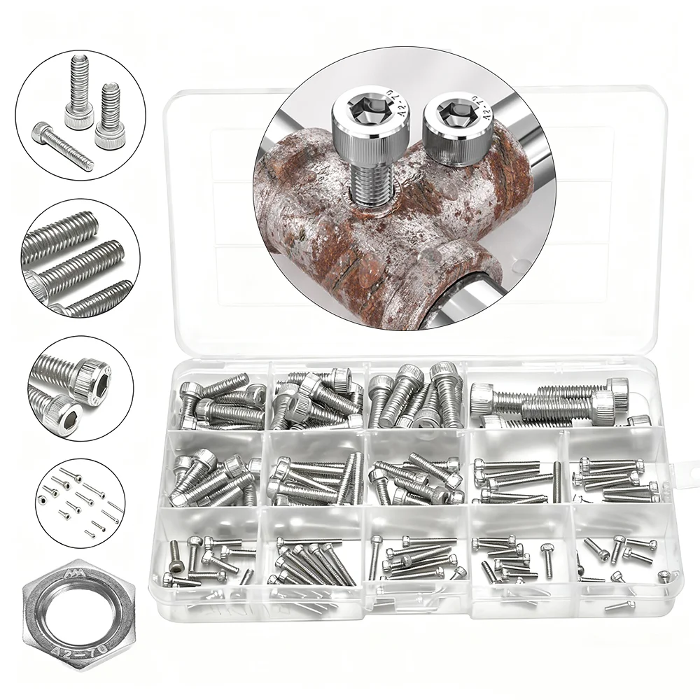 M2 M3 M4 M5 M6 M8 Hexagon Screw Nut Kit Metric 304 Stainless Steel Hex Socket Head Cap Machine Thread Bike Screw Nuts Allen Bolt