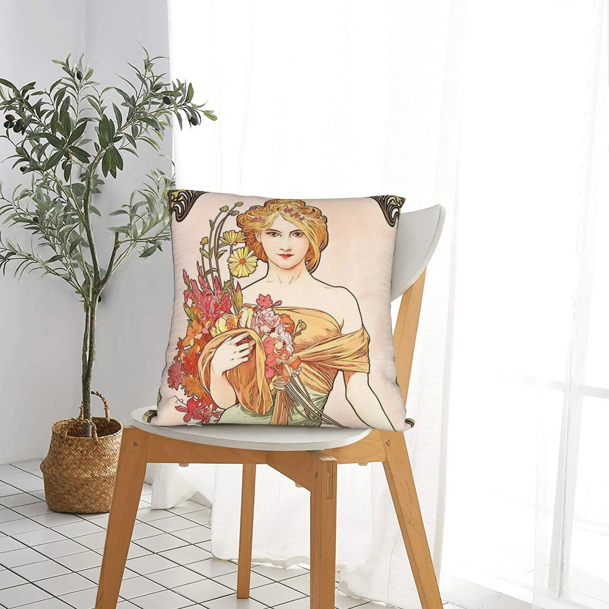 The Four Seasons Spring  Alphonse Mucha Pillowcase Polyester Cushion Cover Decorative  Pillow Case Cover Car Zipper 40*40cm