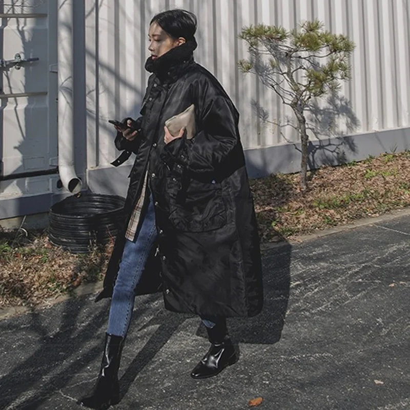 

Женское пуховое зимнее пальто средней длины, корейское свободное пальто большого размера, теплое хлопковое пальто с воротником из меха ягненка