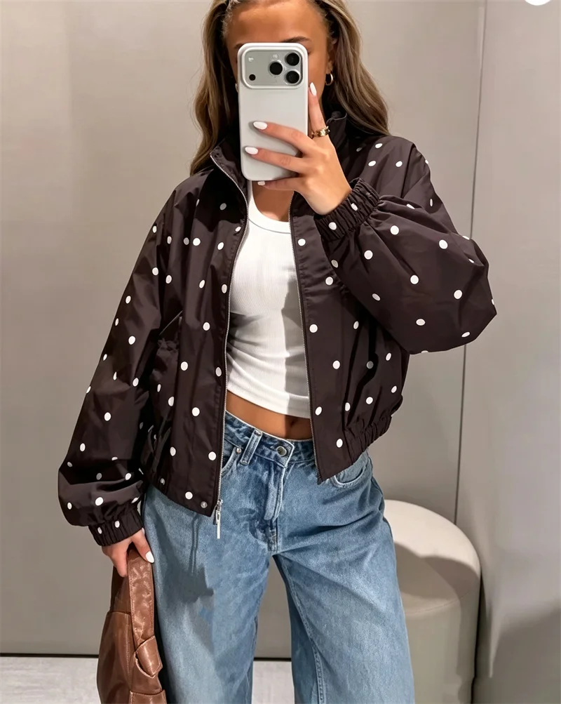 Guobioziy Women's Jacket 2026 Early Autumn New Fashion European and American Style Long Sleeve Polka Dot Pilot Jacket
