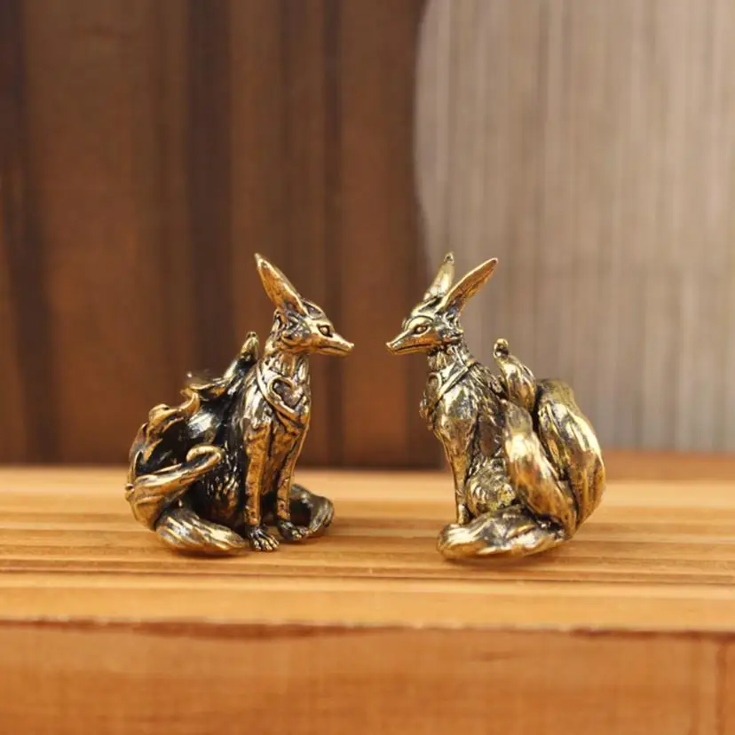 Antique Brass Lucky Nine Tailed Fox Figurines Feng Shui Ornament Copper Animal Miniature Office Desktop Crafts Home Accessories