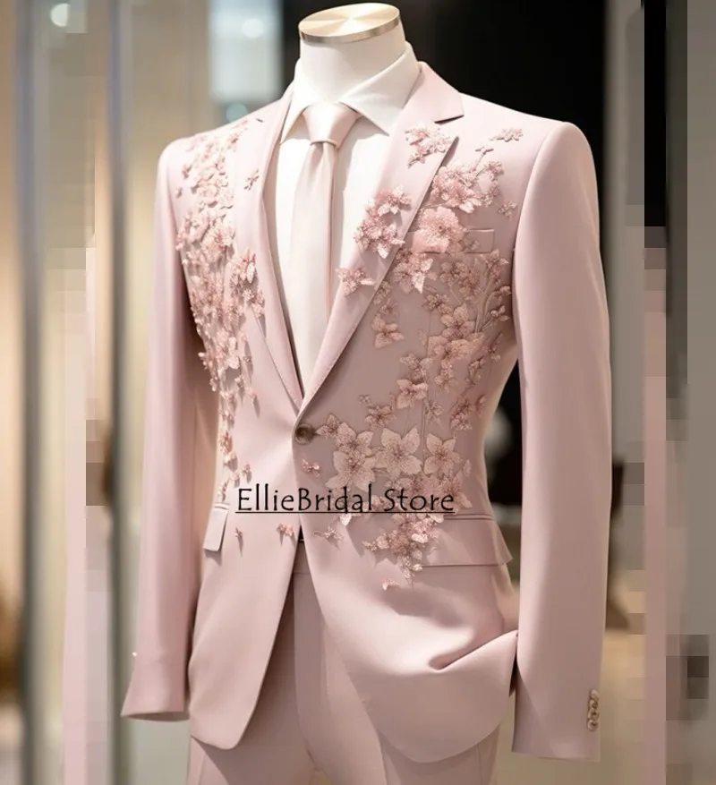 Gentlman Pink Wedding Blazer Dress Flowers Applique Men Suits 2 Pieces（Coat+Pants）Groom Tuxedos Male Prom Blazer Set Customized