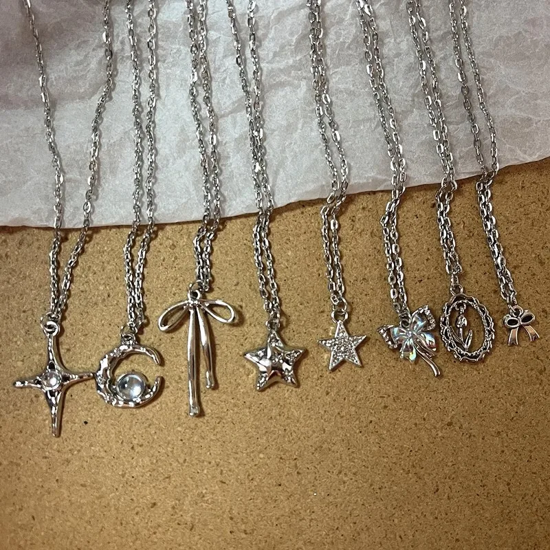 Fashionable and Minimalist Y2K Five Pointed Star Bow Moon Pendant Necklace, Punk Layered Jewelry Accessories, the Best Choice fo