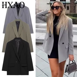 HXAO Blazers For Women Black Gray Long Blazer Woman Office Wear Long Sleeve Solid Blazer Oversized High Quality Women's Blazer