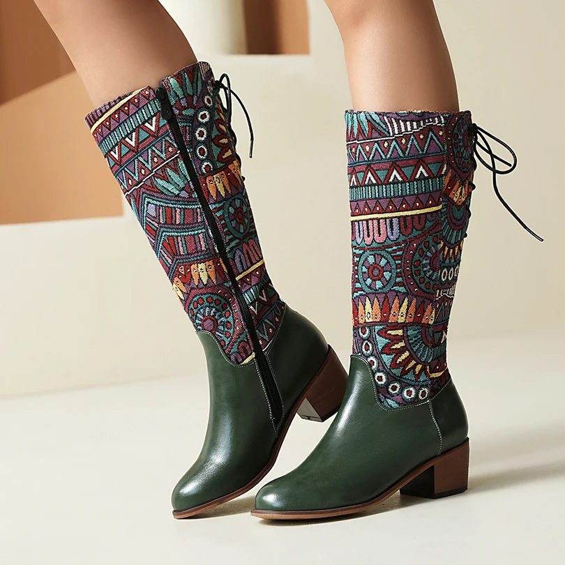 

Plus Size Ethnic Style Pattern Printed Fabric Splicing PU Long Boots Cross Tie Straps Zippers Wood Grain Thick Heel Knee Boots