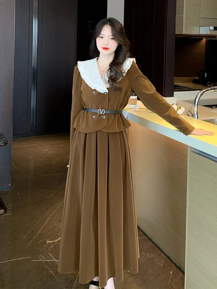 Insozkdg 2024 Spring Autumn New French Velvet Women's Short Jacket Top + Tight Waist Long A-line Skirt Office Lady Two-piece Set