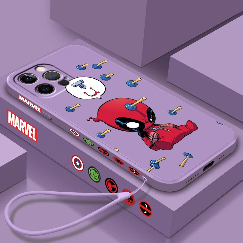 

Marvel Deadpool Cute Red For Apple iPhone 16 15 14 13 12 11 XR XS X Pro Max Plus Liquid Left Rope Phone Case Soft Cover