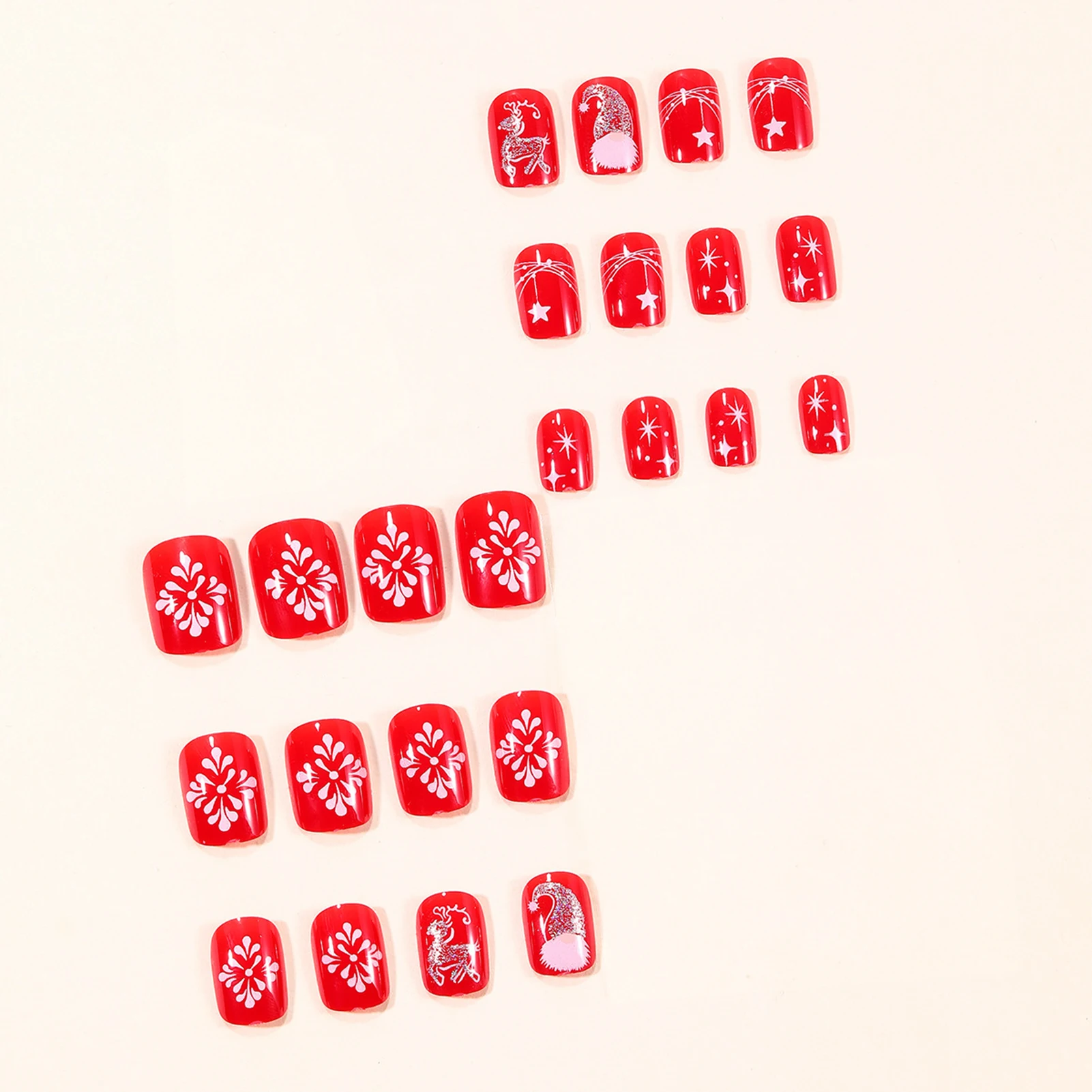 ضغط مربع قصير على الأظافر لحفلة عيد الميلاد، 24 قطعة من الأظافر المزيفة الحمراء الغزلان/ندفة الثلج/نجمة مطبوعة يمكن ارتداؤها فن الأظافر المزيفة #3