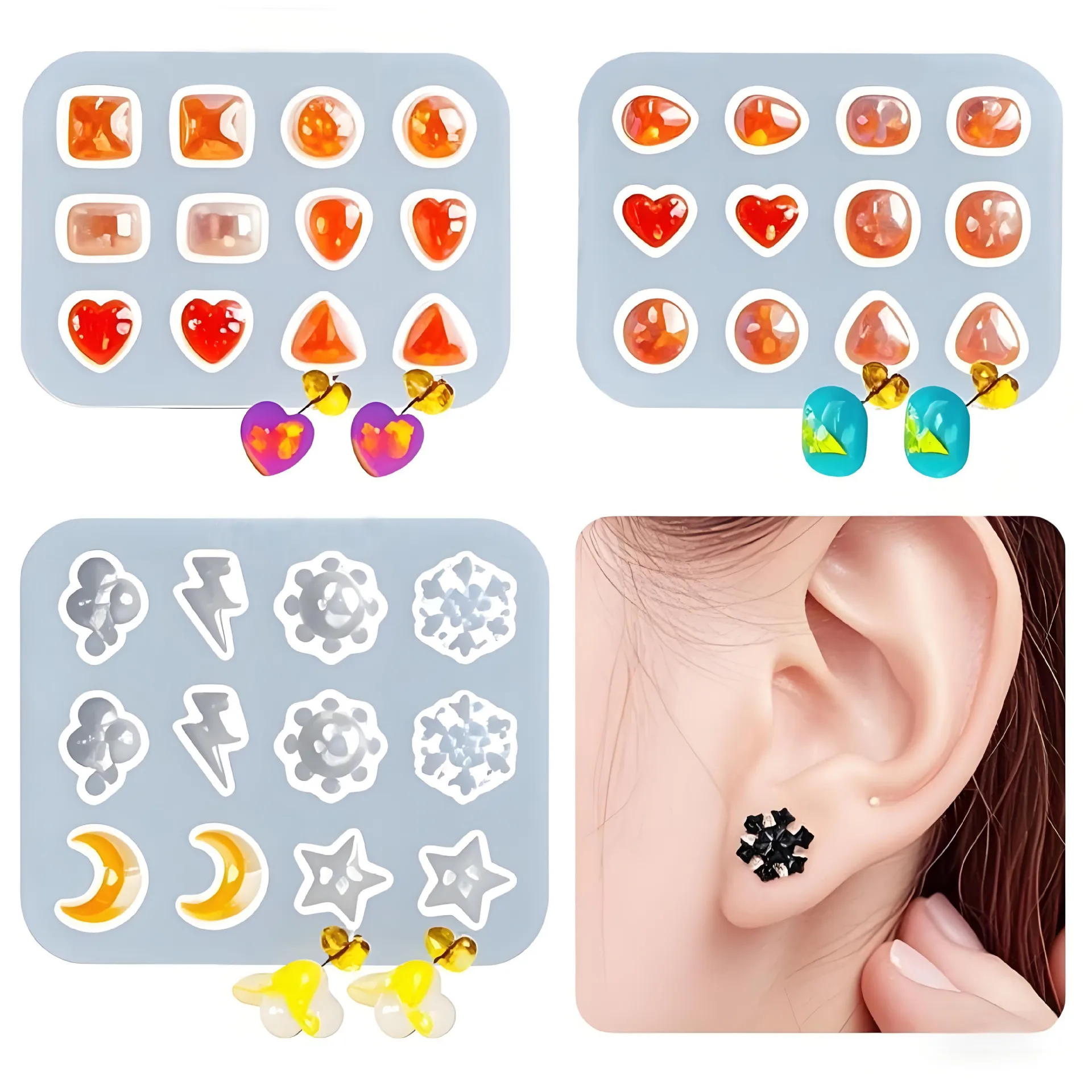 Ear Nail Epoxy Silicone Mold DIY Heart-shaped Circular Gemstone Earrings Decoration Jewelry Accessaries Set Resin Silicone Mold