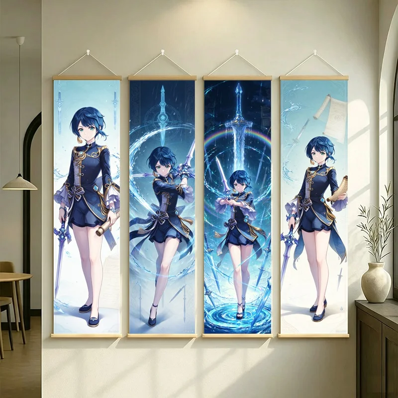Hanging Scroll Wall Art of Genshin Impact Xingqiu with Blue Water Motifs on Silver Shimmer Canvas for an Anime Bedroom