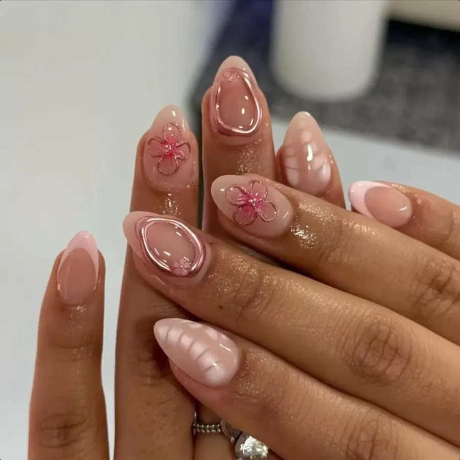 

Short Pr on Nails Almond Fake Nails with 3D Flowe Glue on Nails French Tip Gold Circle Glossy Full Cover Stick on Nails Elegant