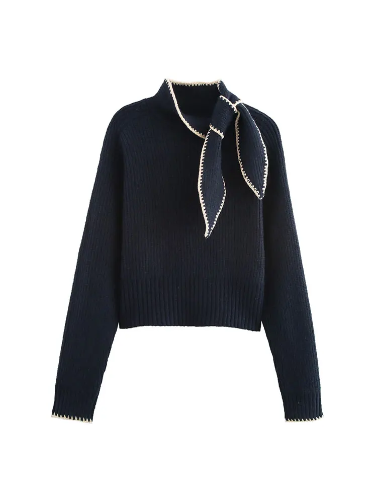 Nlzgmsj 2025 الخريف المرأة بلوفر مغزول موضة كم طويل القوس سترة جديدة ملابس الشارع الشهير تريكو القمم Y2k