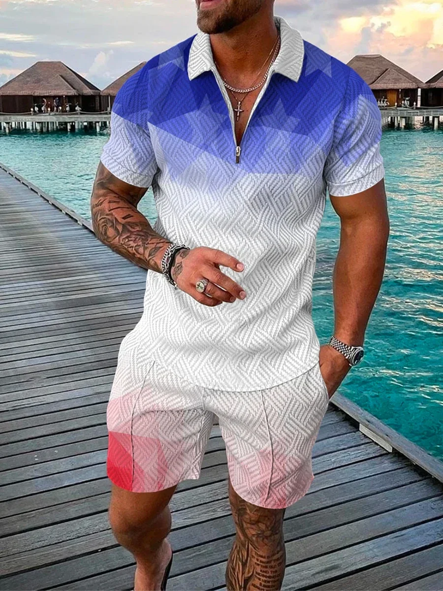 New Summer 3D Print Men Polo Shirts Set Zipper Lapel Polo Sets Zipper Collar+ Shorts 2pcs Hawaii Holiday Style Man Sweatshirt