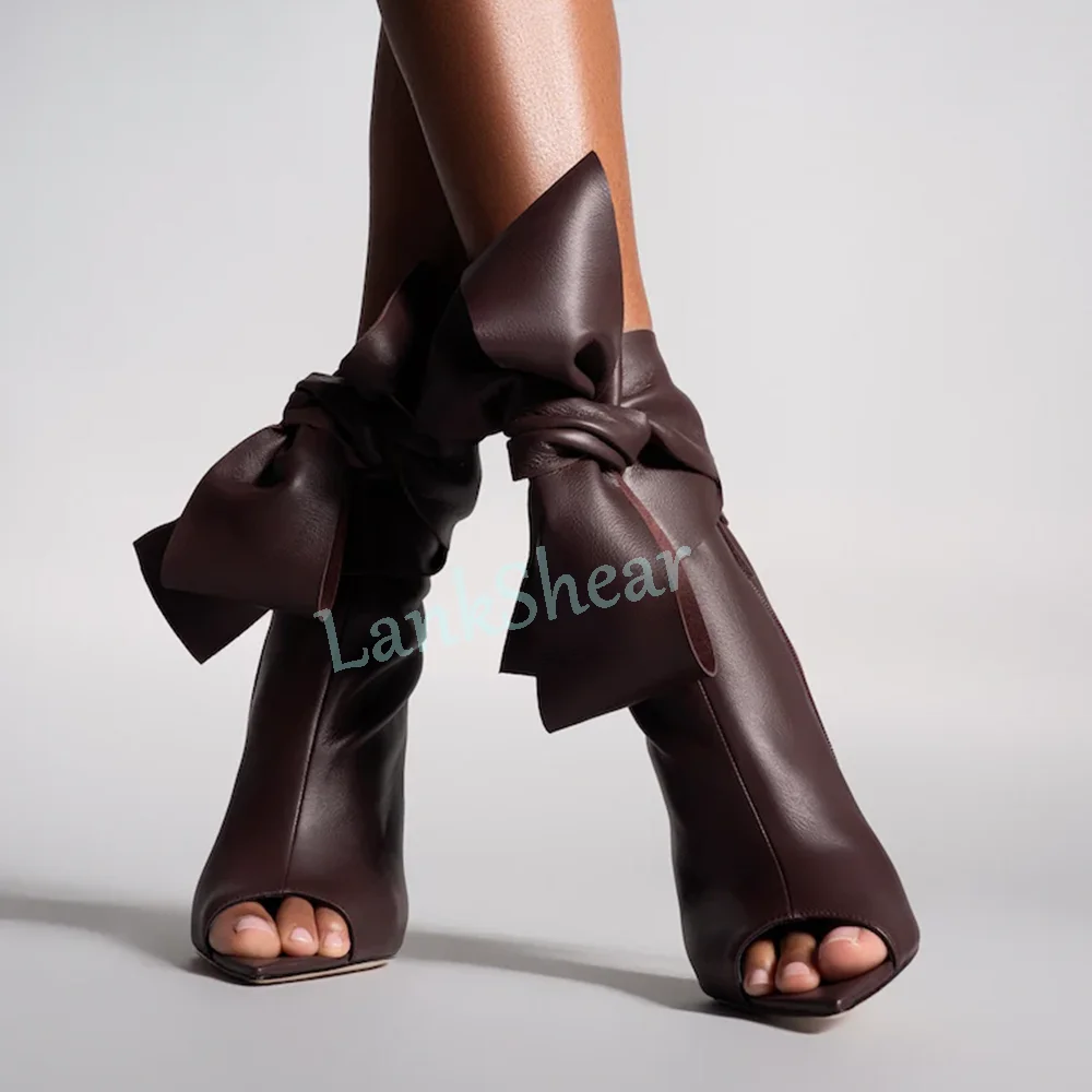Burgundy Pointed Peep Toe Ankle Boots Cross Strap Knot Decor Stiletto High Heel Sexy Fashion Women Short Boots Side Zipper 2026