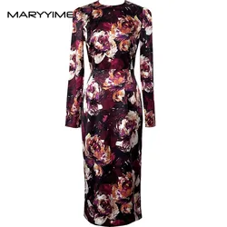 MARYYIMEI Fashion Designer Women's New Silk Vintage Long-Sleeved Hand-Painted Printed Wine Red Hip Wrap Pencil Split MIDI Dress