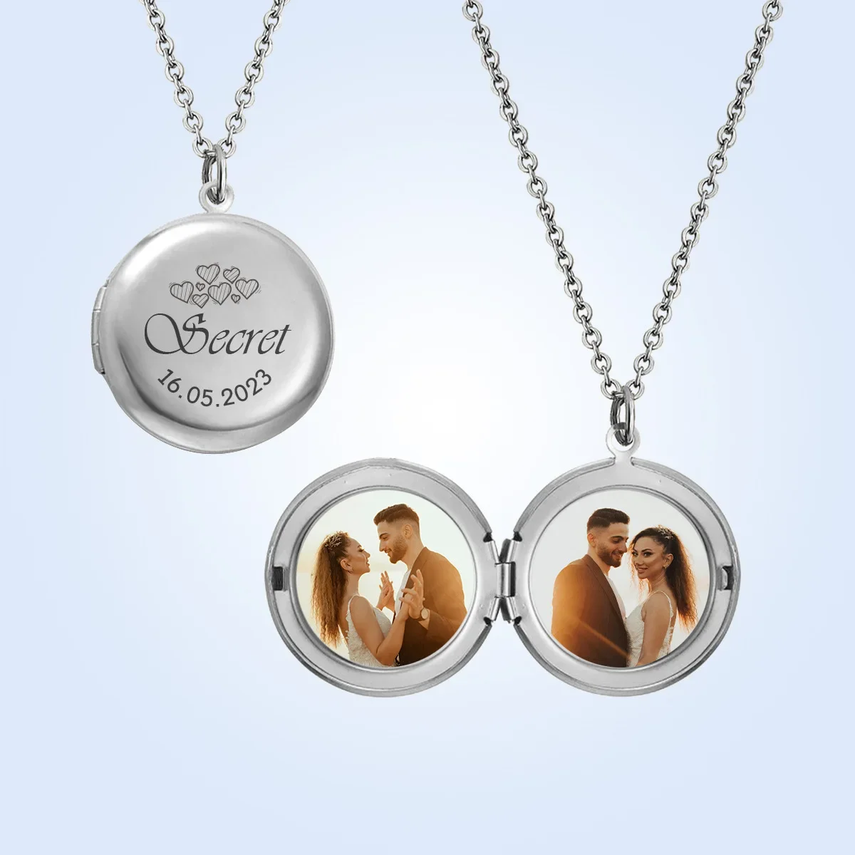 10pcs mirror stainless steel shiny round phase box necklace can be opened with photos, geometric phase box necklace