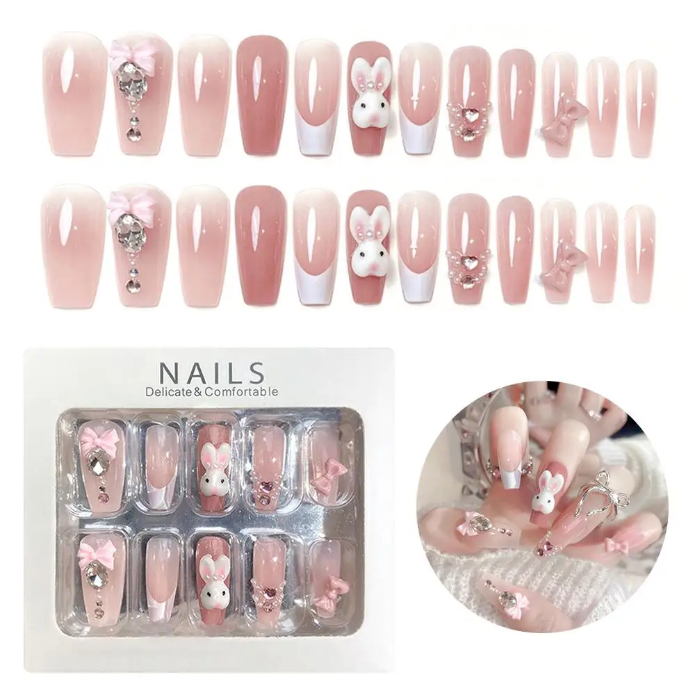 

24Pcs Cute 3D Bunny Press-On Nails Pink Summer Fresh Fake Nails Bows & Rhinestones Ballet Style Fairy False Nails for Women