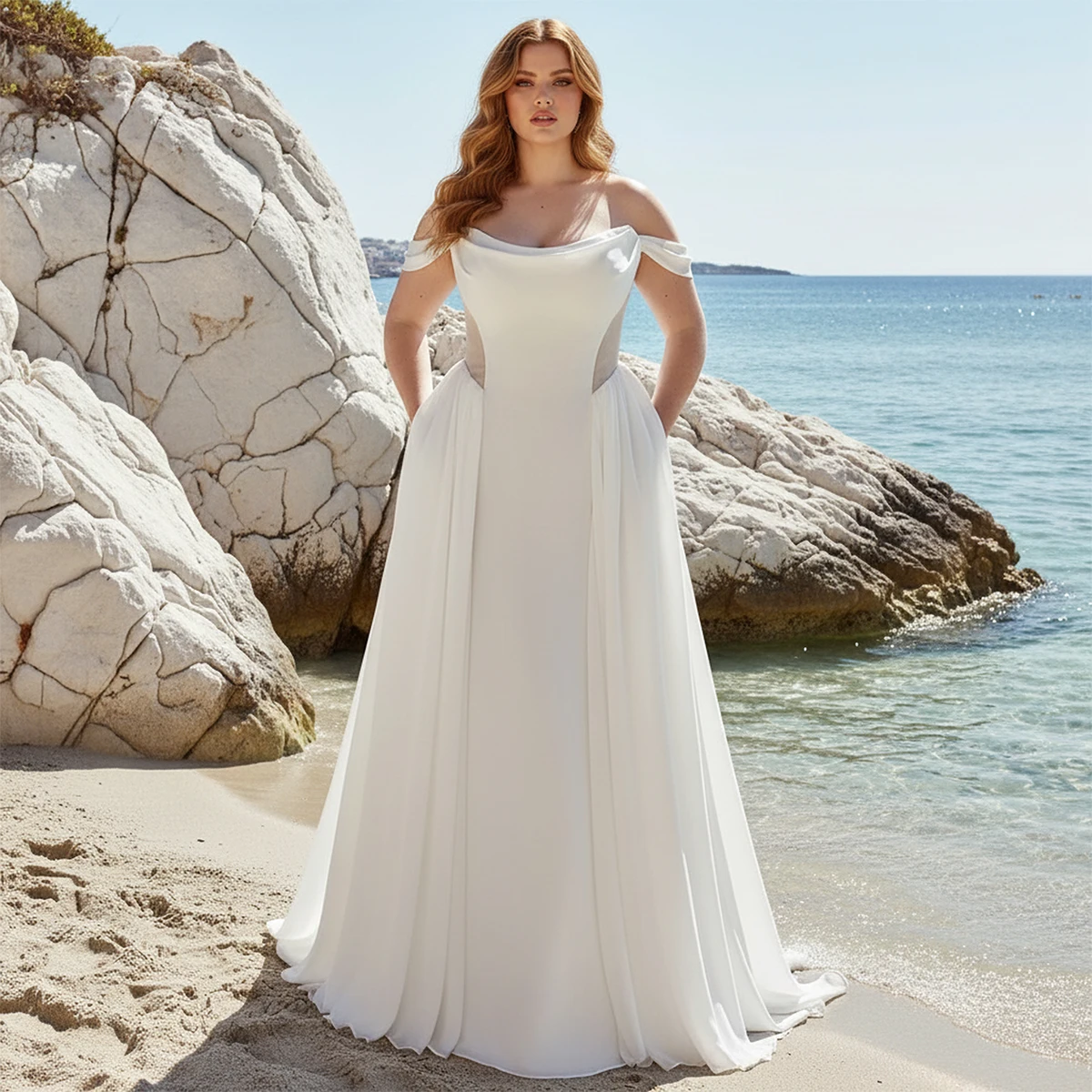 

Beach Off Shoulder Long Wedding Dresses For Bride Satin Bridal Party Gown Pleated Ball Gown With Train Vestidos de novia