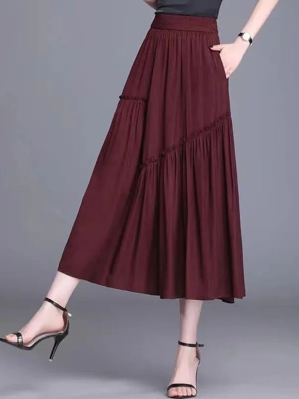 

plus Size Women's Slimming Pleated Midi Skirt Elastic Waist A-Line Skirt Casual Korean Style Summer New Arrival Thin MM
