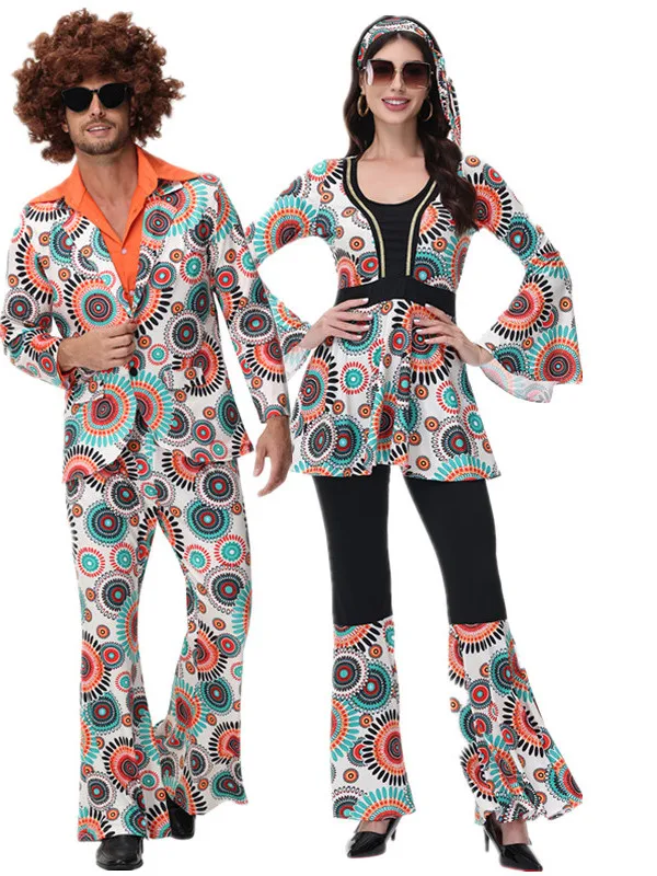 زي ديسكو للأزواج بطراز الهيبيين من السبعينيات، ملابس ريترو مطبوعة للهالوين، أزياء تقليدية من ألياف البوليستر للعروض المسرحية