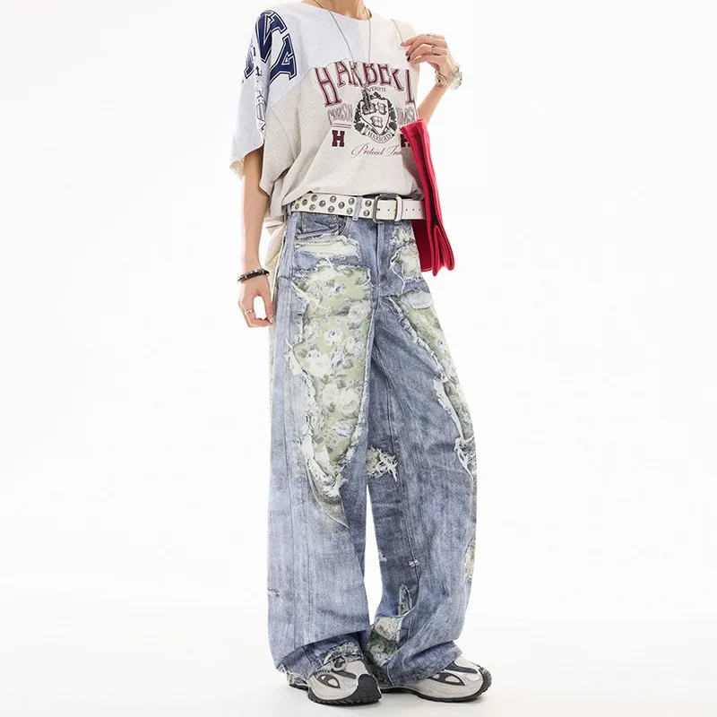 HKSH 2026 Summer New Men Tide Punk Dark American Trend Chic Ins Digital Print Jeans Unisex Versatile Hip-Hop Denim Pants HK27035