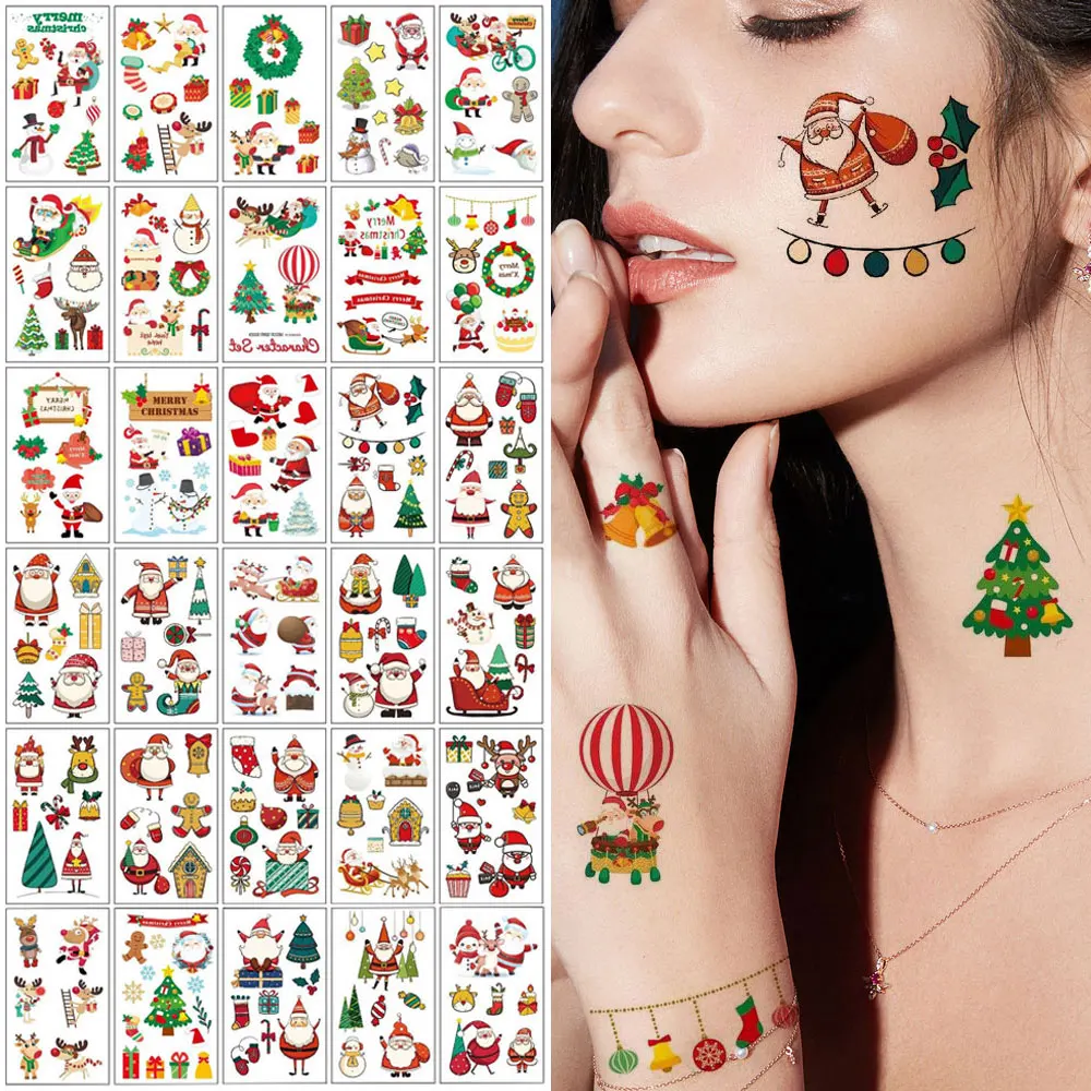 

30 шт., рождественские татуировки, водонепроницаемые временные татуировки, Санта-Рождество, водонепроницаемые поддельные татуировки со снеговиком