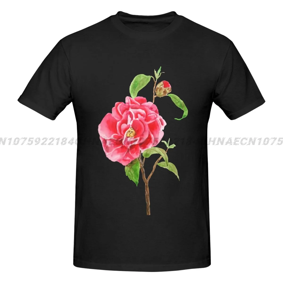 One Red Camellia Flower Print T-shirts Men Cotton Casual Haikyuu Tops Y2K Clothes Crew Neck TShirt Oversized Retro Washed Tops