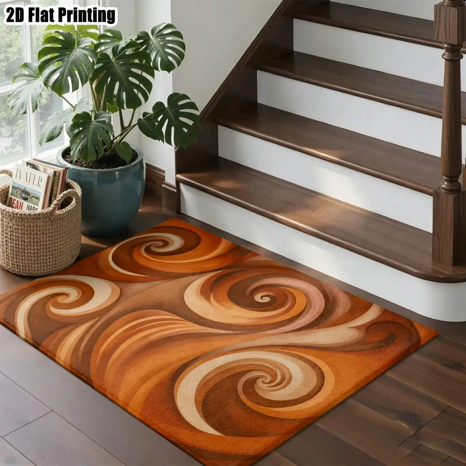 1Pc 2D Printed Orange-Brown Abstract Spiral Pattern Nordic Carpet, Suitable for Instagram-Style, Minimalist, Vintage, Geometric Art Home Decor, Multi-Size, Machine Washable, Ideal for Entryway, Dining Room, Bedroom, Living Room