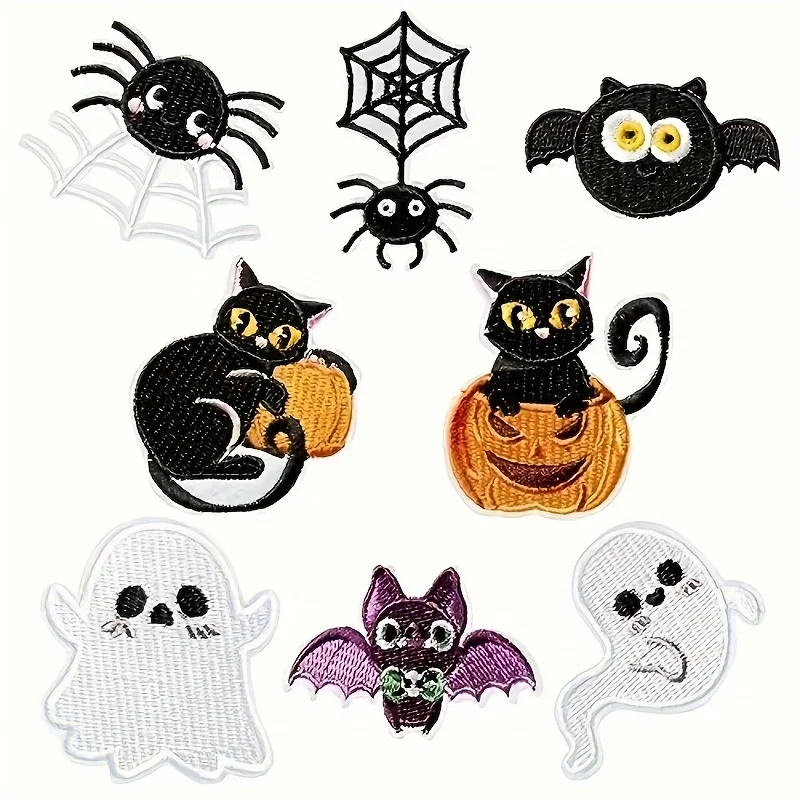 8Pcs Halloween Iron-On Patches Featuring Ghost, Bat, Spider, And Cat Designs, For Sewing Onto Costumes, Jackets, Backpacks, Hats