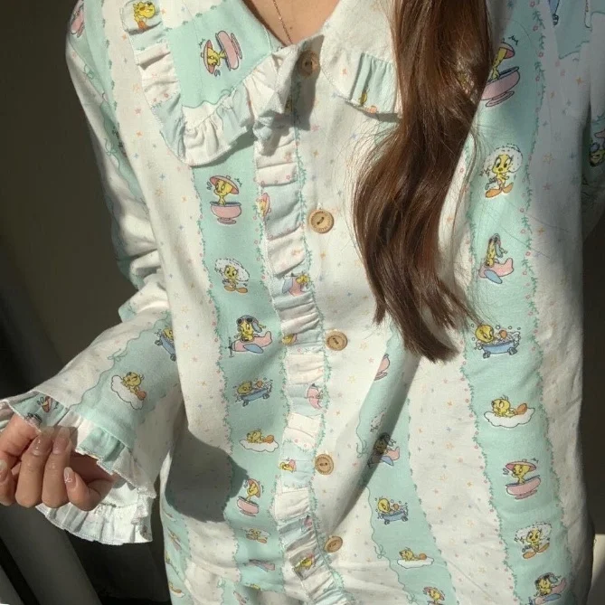 

Cute Turtledove Long Sleeve Long Pants Sleepwear Cardigan Home Clothes Set for Women Printed Regular Thickness Autumn Season