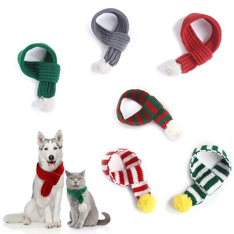 Pet Knitted Scarf Cat Dog Scarf with White Pompom Winter Warm Pet Supplies Christmas Outfits Pet Accessories