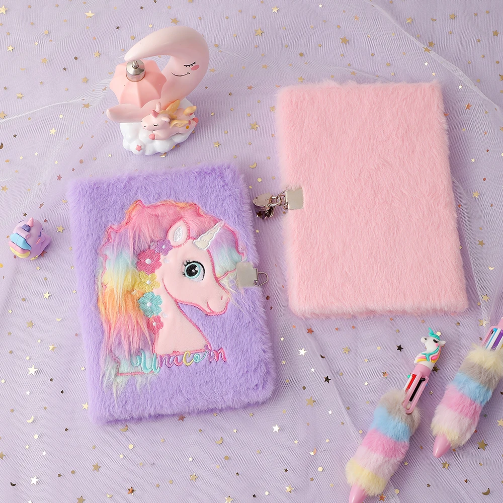 2023 New Cartoon Plush Locked A5 Notebook for Children\'s Cute Unicorn Diary Book Student Gift Reward