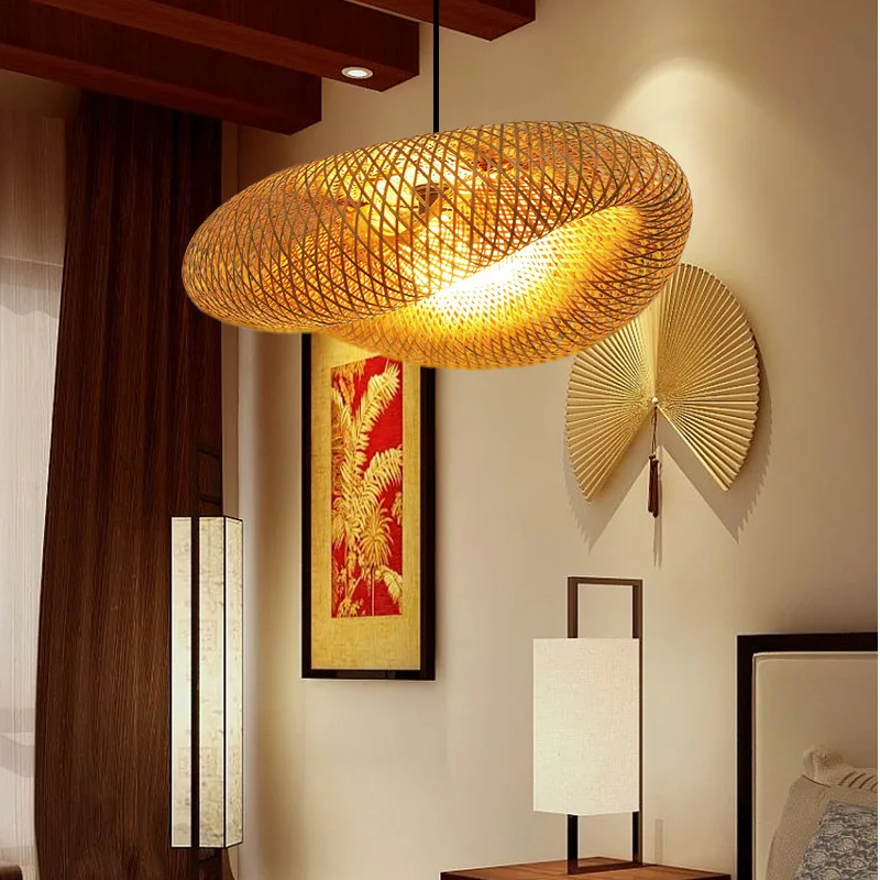 HandMade Vintage Bamboo Weaving LED Pendant Light Home Hanging Chandelier Lighting Living Room Kitchen Rattan Woven Lamp