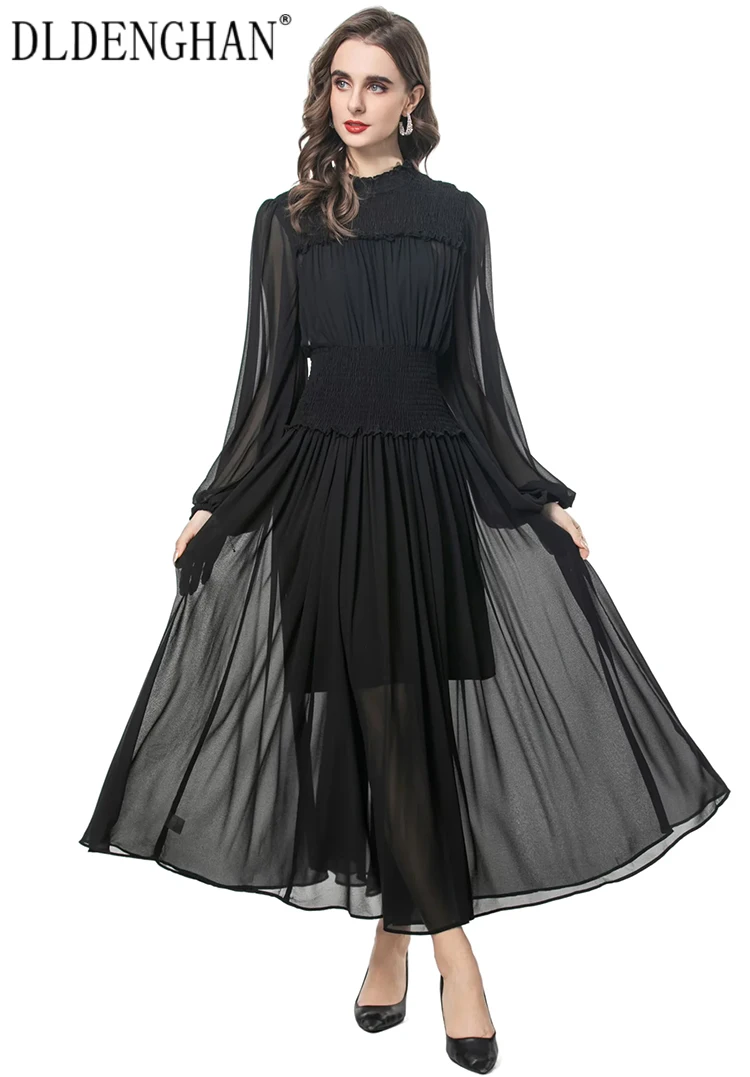 

DLDENGHAN Women's Solid Color Lantern Sleeve Ruffles Black Vintage Long Dresses Fashion Spring New
